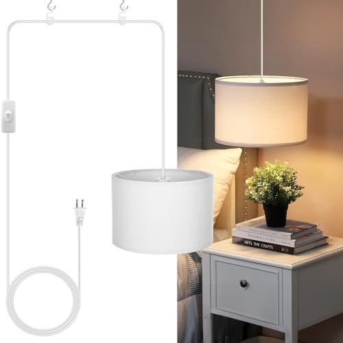 Modern Pendant Lamp, Plug-in Pendant Lamp with 4.5M Cable, On/Off Switch, Beige Linen Shade, Hanging Light for Bedroom, Kitchen, Living Room, Dining Table