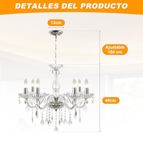 Dopwii Modern Ceiling Lamp, 6-Light Crystal Chandelier, Suitable for Indoor Ceiling Decoration in Living Room, Bedroom, Kitchen, Dining Room