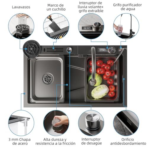 Kitchen Sink with Smart Digital Display, Double Waterfall and 10 Accessories, 75 * 46 * 22cm, 304 Stainless Steel Kitchen Sinks, Black Kitchen Sink