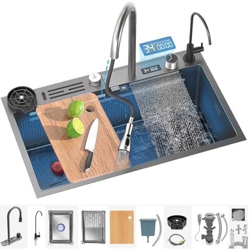 Kitchen Sink with Smart Digital Display, Double Waterfall and 13 Accessories, 80 * 46 * 22cm, 304 Stainless Steel Kitchen Sinks, Black Kitchen Sink, Upgraded Version.