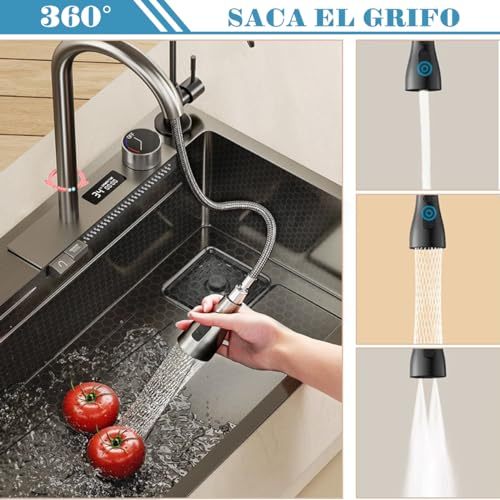 Kitchen Sink with Smart Digital Display, Double Waterfall and 10 Accessories, 75 * 46 * 22cm, 304 Stainless Steel Kitchen Sinks, Black Kitchen Sink