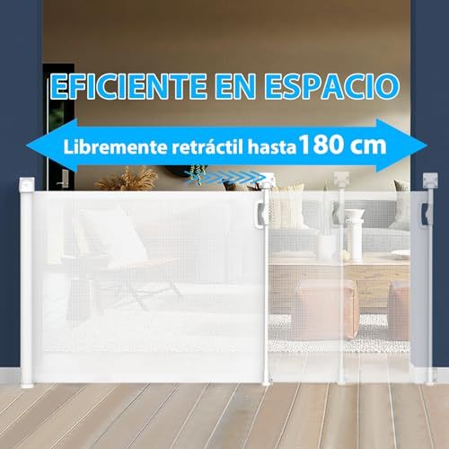 WELIKERA Baby and Pet Safety Gate, Folding Extendable 180CM, High 92CM, for Stairs, Doors and Hallways, Improved Closure, Retractable Indoor and Outdoor, Without Bottom Railing, White