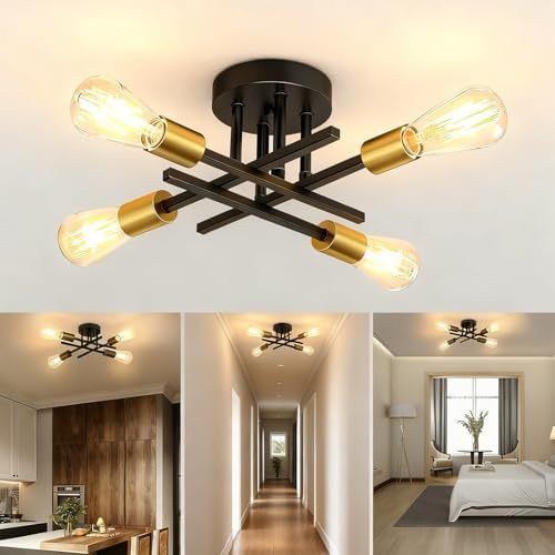 Dopwii Modern Ceiling Light, Sputnik Candeliers 4 Lights, Semi Flush Mount Pendant Light, Ceiling Light for Home Lamp, Dining Room, Bedroom and Kitchen (Gold)