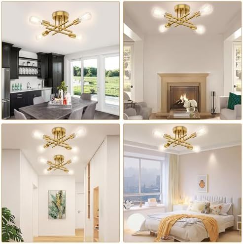 Dopwii Modern Ceiling Light, Sputnik Candeliers 4 Lights, Semi Flush Mount Pendant Light, Ceiling Light for Home Lamp, Dining Room, Bedroom and Kitchen (Gold)