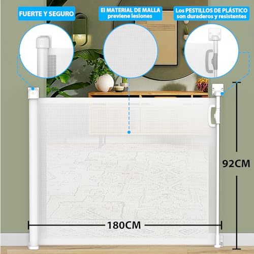 WELIKERA Baby and Pet Safety Gate, Folding Extendable 180CM, High 92CM, for Stairs, Doors and Hallways, Improved Closure, Retractable Indoor and Outdoor, Without Bottom Railing, White