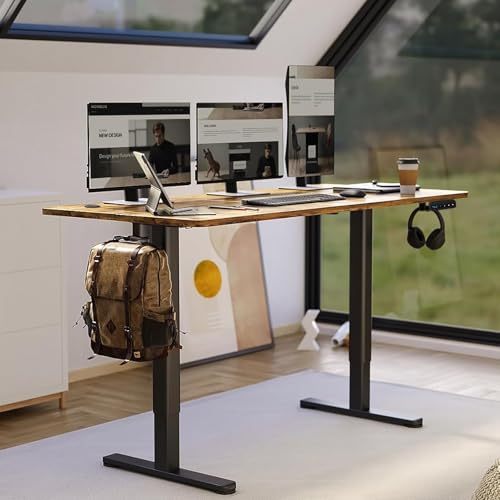 WELIKERA Large Adjustable Height Electric Lifting Desk 140 x 60 cm, Standing Gamer Desk for Home Office, with Memory and Metal T-Stand, Rustic Brown