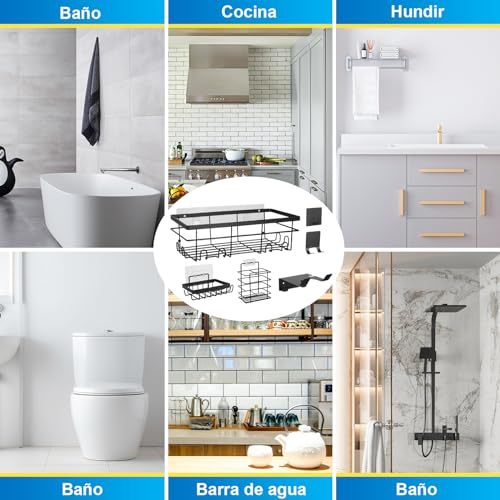 10 Pieces No Drill Bathroom Shelf, Adhesive Bathroom Organizer, Organizer Shelf, Bathroom Shelves with Hooks, Anti-Rust Stainless Steel, Indoor Shower Kitchen Storage