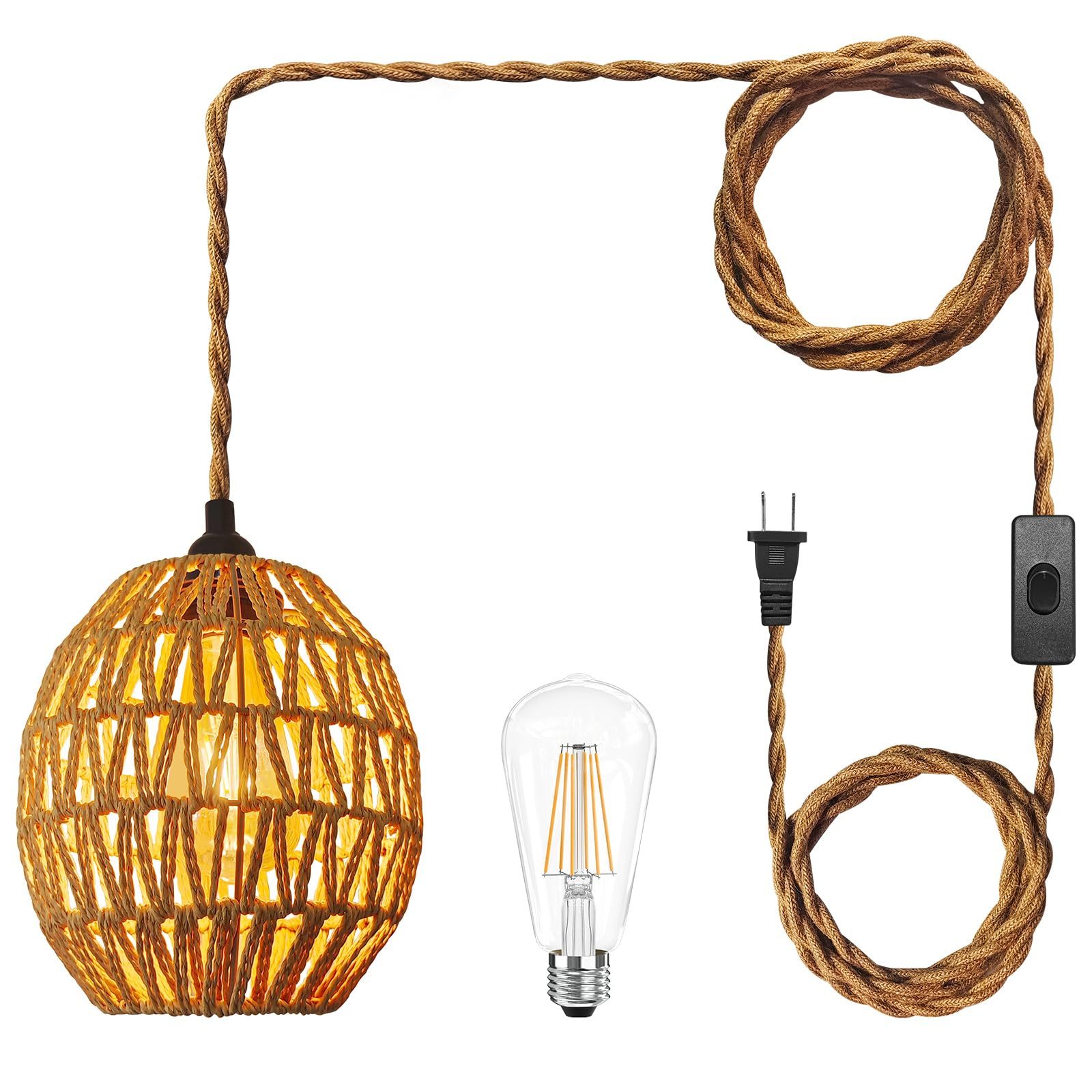 Modern Pendant Lamp, Plug-in Pendant Lamp with 4.5M Cable, On/Off Switch, Beige Linen Shade, Hanging Light for Bedroom, Kitchen, Living Room, Dining Table