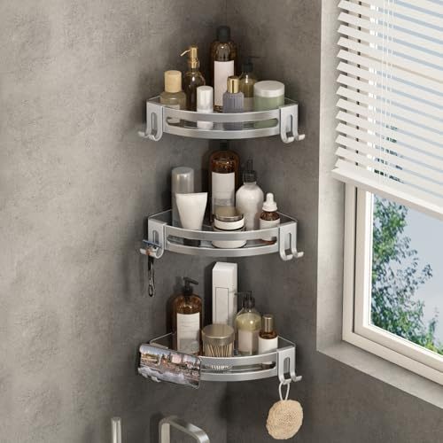 10 Pieces No Drill Bathroom Shelf, Adhesive Bathroom Organizer, Organizer Shelf, Bathroom Shelves with Hooks, Anti-Rust Stainless Steel, Indoor Shower Kitchen Storage