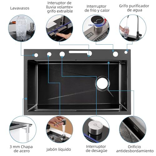 Kitchen Sink with Smart Digital Display, Double Waterfall and 13 Accessories, 75 * 46 * 22cm, 304 Stainless Steel Kitchen Sinks, Black Kitchen Sink, Upgraded Version.