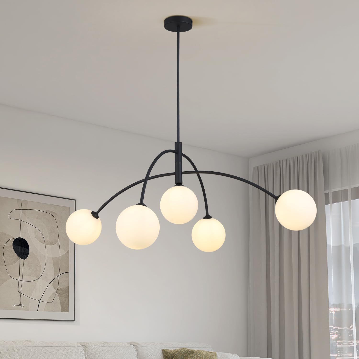 Dopwii Glass Sphere Ceiling Lamp, Modern Sputnik Chandelier with Adjustable Cable, Semi Flush Mount Pendant Light for Bedroom, Dining Room and Kitchen, E26/E27 Base (Black)