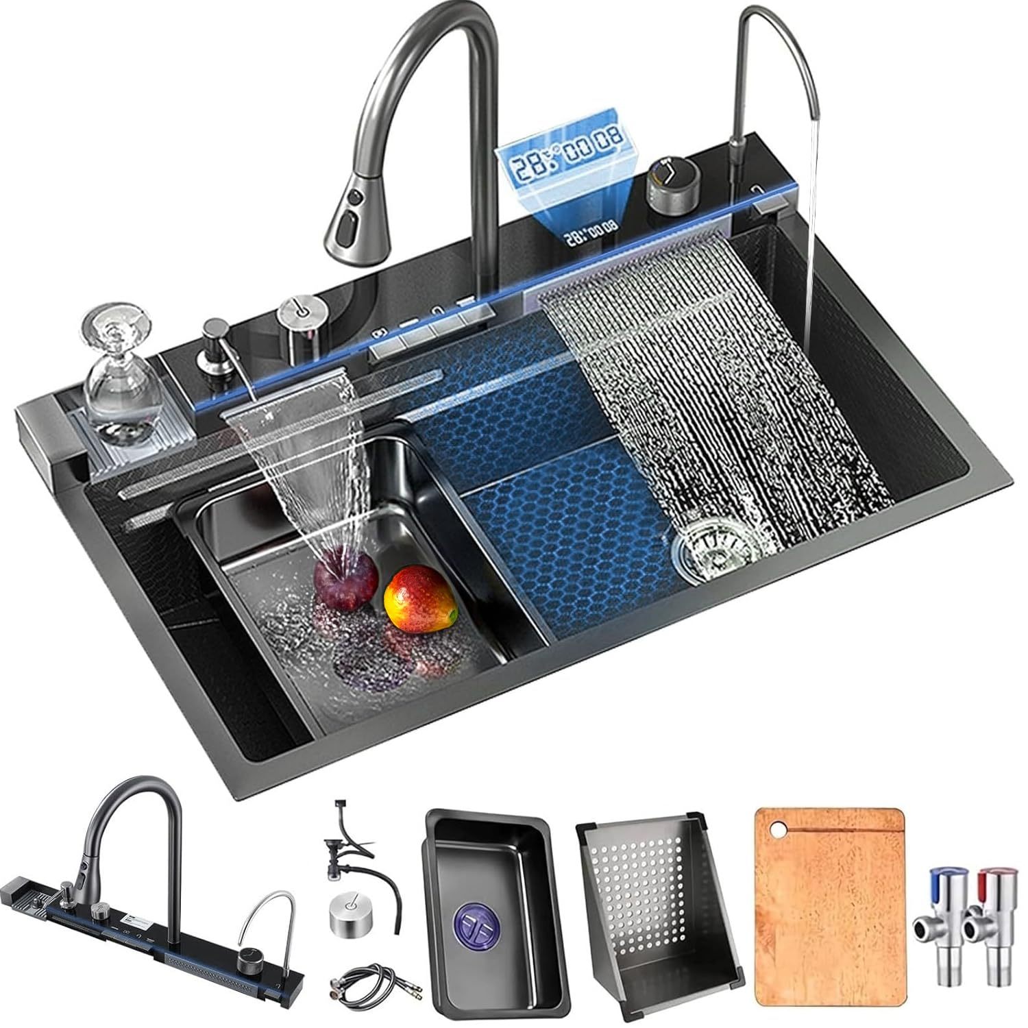 Kitchen Sink with Smart Digital Display, Double Waterfall and 13 Accessories, 75 * 46 * 22cm, 304 Stainless Steel Kitchen Sinks, Black Kitchen Sink, Upgraded Version.