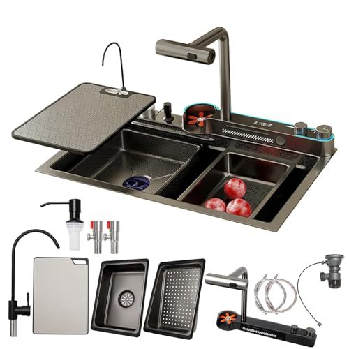 Kitchen Sink with Smart Digital Display, Double Waterfall and 13 Accessories, 80 * 46 * 22cm, 304 Stainless Steel Kitchen Sinks, Black Kitchen Sink, Upgraded Version.