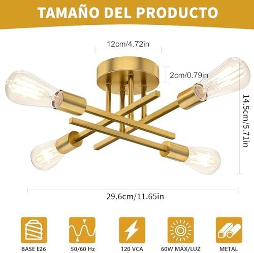 Dopwii Modern Ceiling Light, Sputnik Candeliers 4 Lights, Semi Flush Mount Pendant Light, Ceiling Light for Home Lamp, Dining Room, Bedroom and Kitchen (Gold)