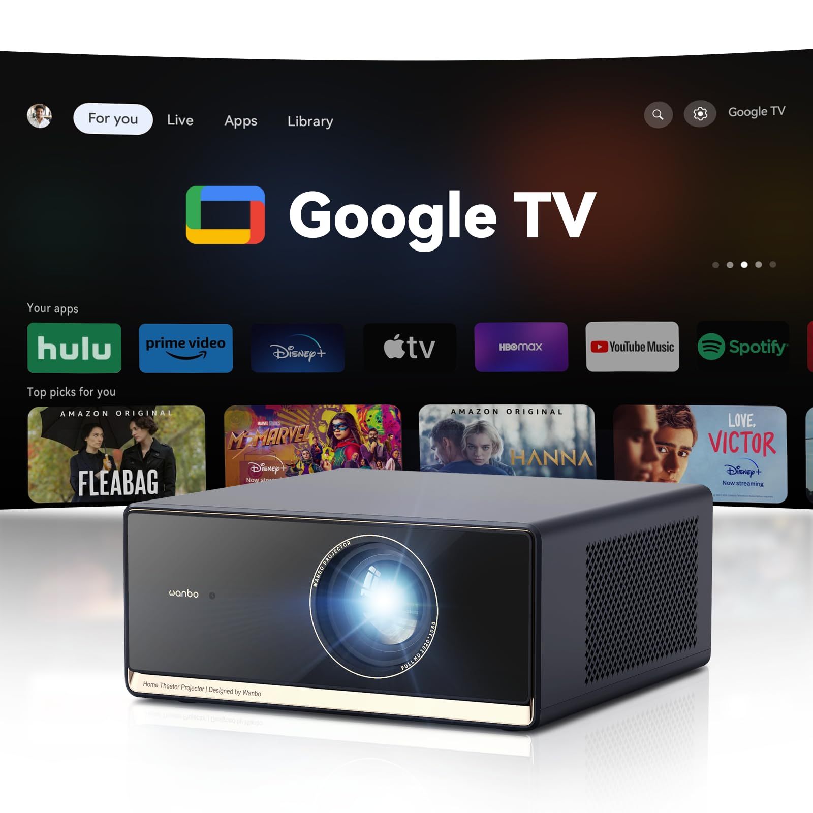 [Google TV/800ANSI] 2025 Smart Portable Projector, Netflix Licensed, Dolby Sound, 4K/8K Support, 30000 Lumens, WiFi 6 and Bluetooth 5.0, Autofocus, Compatible with iOS/Android/PC/PS4/PS5/XBOX