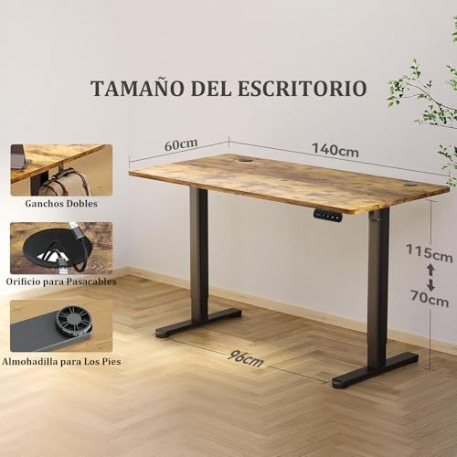WELIKERA Large Adjustable Height Electric Lifting Desk 140 x 60 cm, Standing Gamer Desk for Home Office, with Memory and Metal T-Stand, Rustic Brown