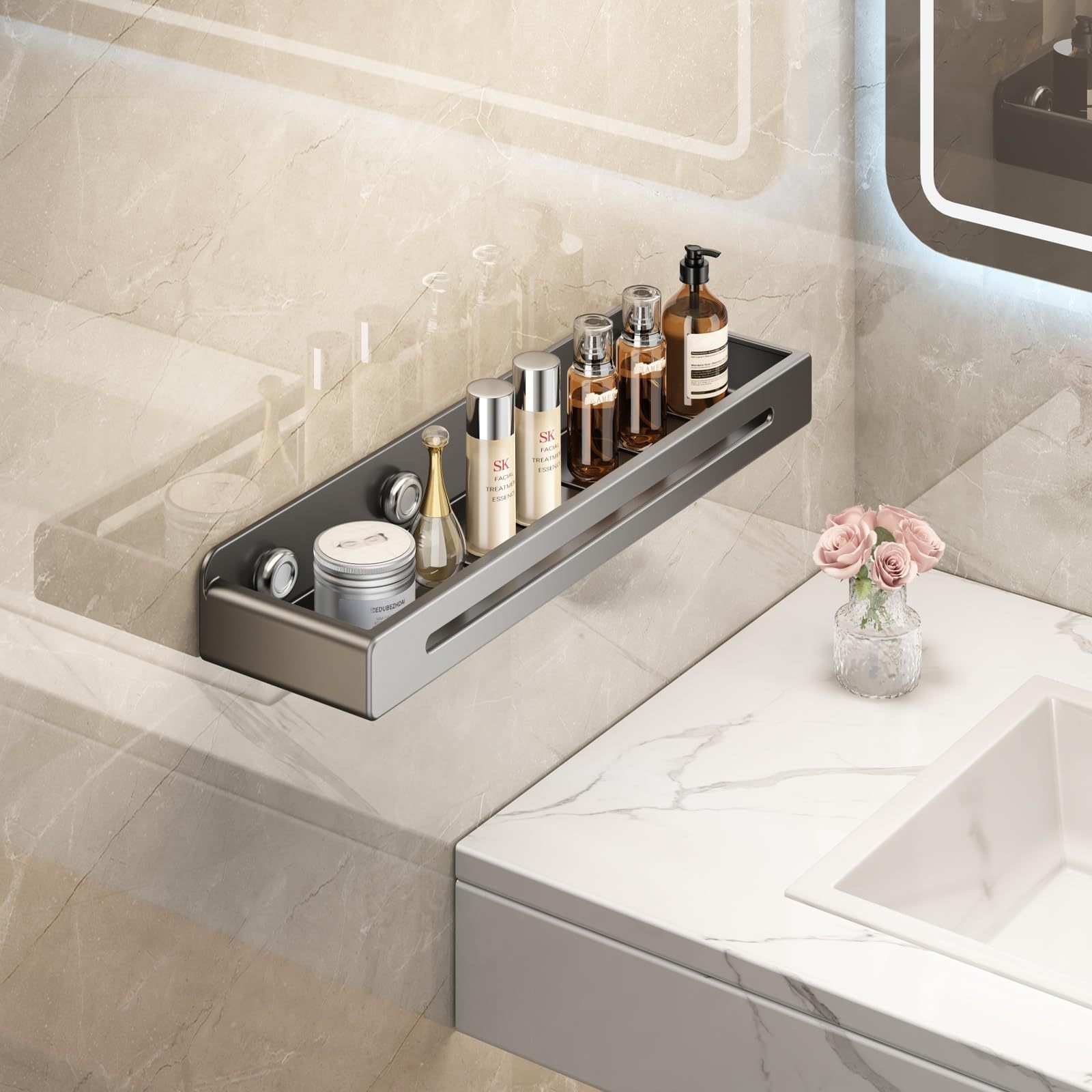 10 Pieces No Drill Bathroom Shelf, Adhesive Bathroom Organizer, Organizer Shelf, Bathroom Shelves with Hooks, Anti-Rust Stainless Steel, Indoor Shower Kitchen Storage