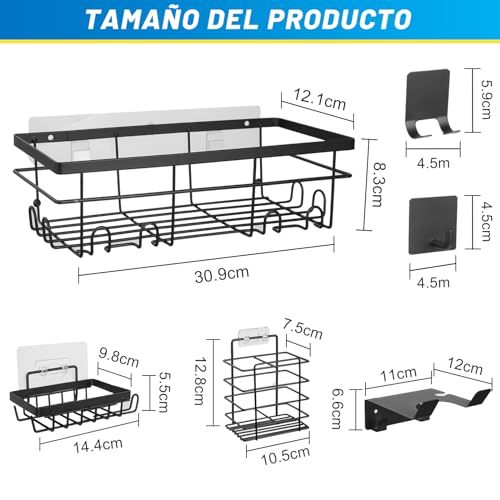 10 Pieces No Drill Bathroom Shelf, Adhesive Bathroom Organizer, Organizer Shelf, Bathroom Shelves with Hooks, Anti-Rust Stainless Steel, Indoor Shower Kitchen Storage