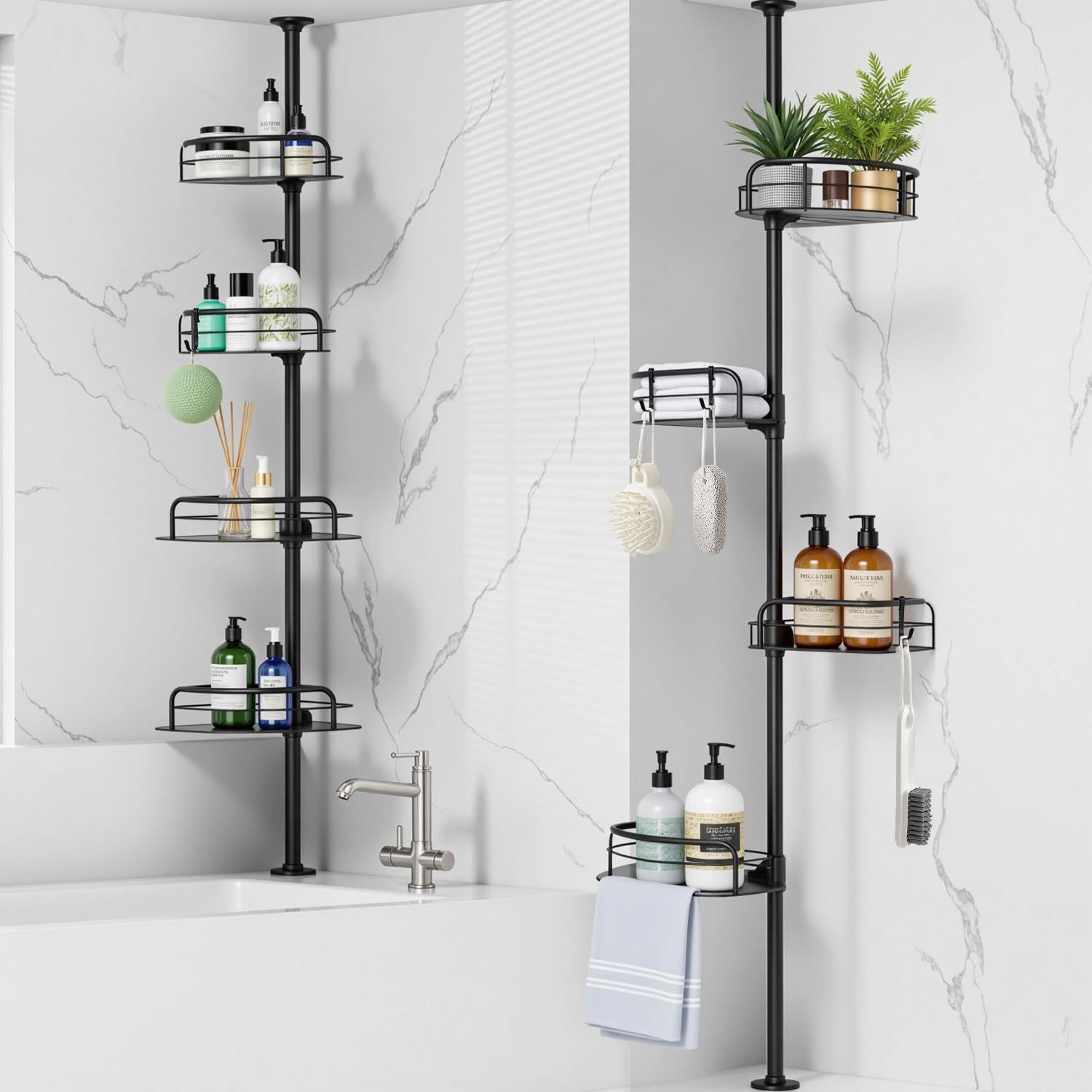 10 Pieces No Drill Bathroom Shelf, Adhesive Bathroom Organizer, Organizer Shelf, Bathroom Shelves with Hooks, Anti-Rust Stainless Steel, Indoor Shower Kitchen Storage