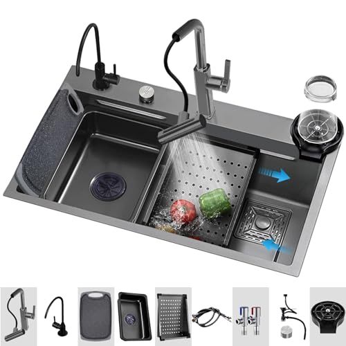 Kitchen Sink with Smart Digital Display, Double Waterfall and 13 Accessories, 80 * 46 * 22cm, 304 Stainless Steel Kitchen Sinks, Black Kitchen Sink, Upgraded Version.
