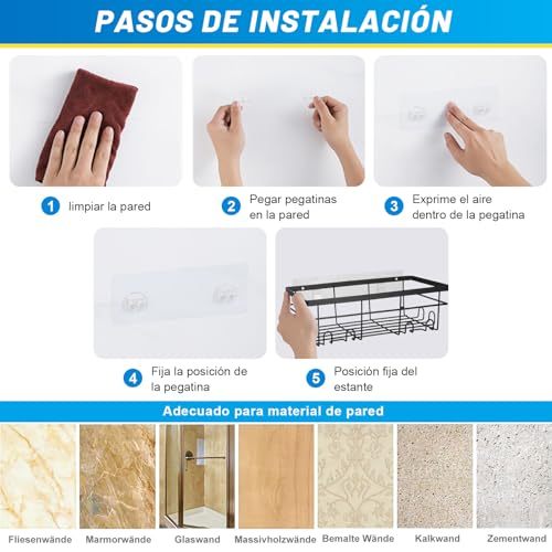 10 Pieces No Drill Bathroom Shelf, Adhesive Bathroom Organizer, Organizer Shelf, Bathroom Shelves with Hooks, Anti-Rust Stainless Steel, Indoor Shower Kitchen Storage