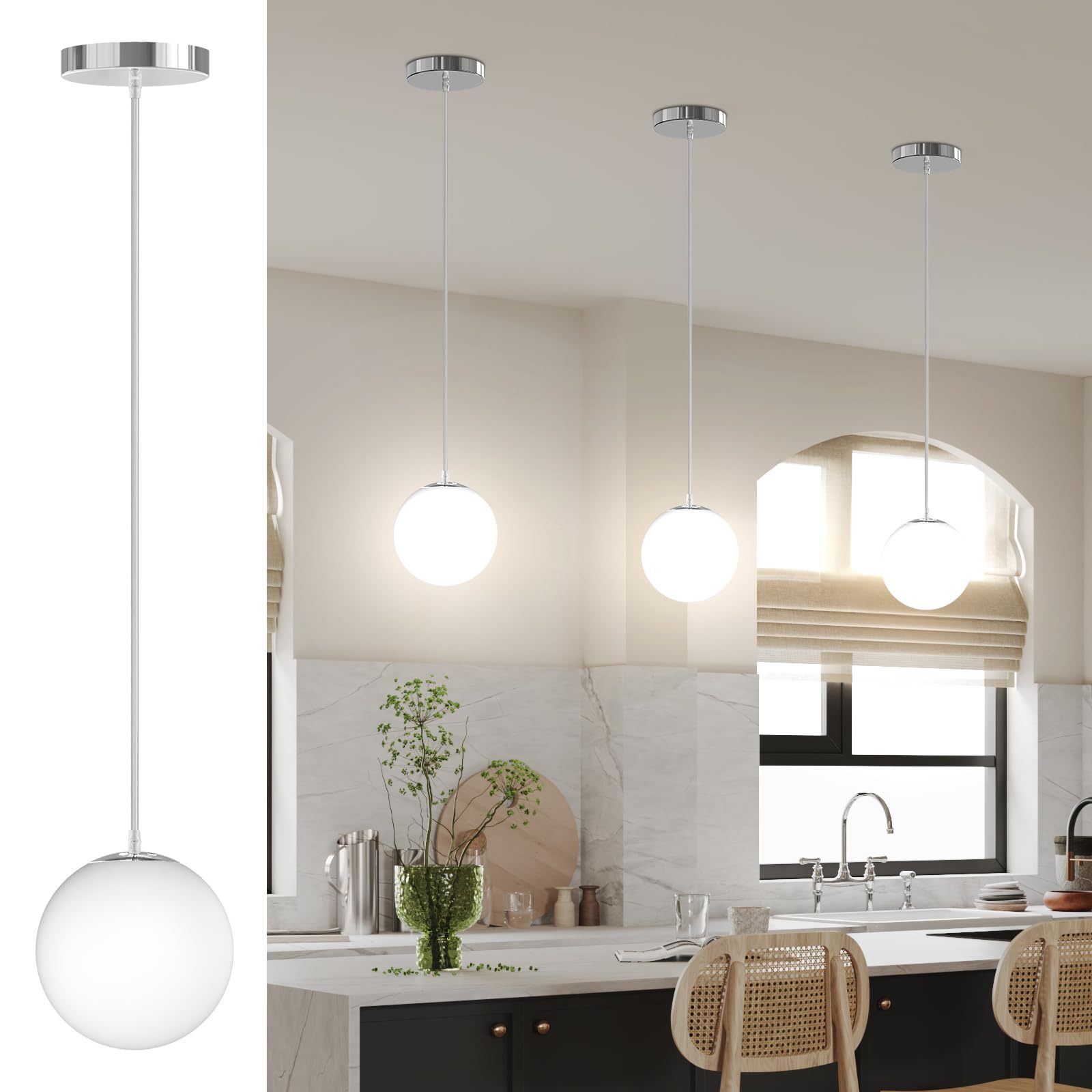 Dopwii Glass Sphere Ceiling Lamp, Modern Sputnik Chandelier with Adjustable Cable, Semi Flush Mount Pendant Light for Bedroom, Dining Room and Kitchen, E26/E27 Base (Black)