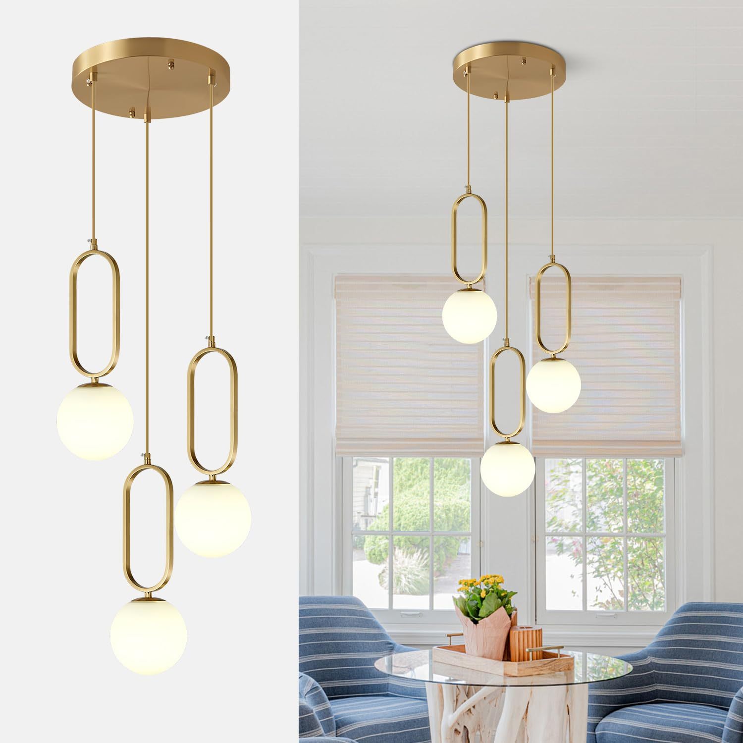 Dopwii Glass Sphere Ceiling Lamp, Modern Sputnik Chandelier with Adjustable Cable, Semi Flush Mount Pendant Light for Bedroom, Dining Room and Kitchen, E26/E27 Base (Black)