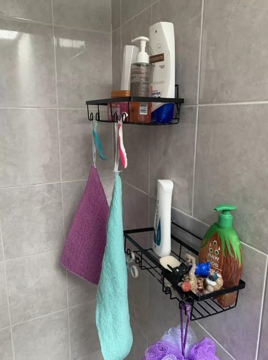 10 Pieces No Drill Bathroom Shelf, Adhesive Bathroom Organizer, Organizer Shelf, Bathroom Shelves with Hooks, Anti-Rust Stainless Steel, Indoor Shower Kitchen Storage
