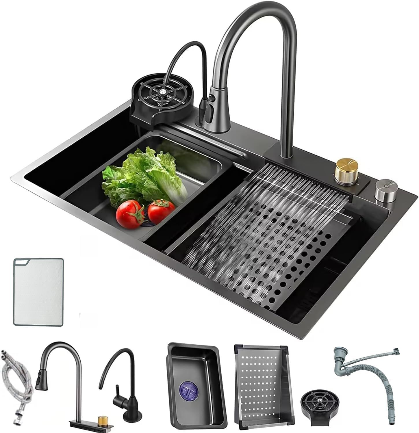 Kitchen Sink with Smart Digital Display, Double Waterfall and 13 Accessories, 75 * 46 * 22cm, 304 Stainless Steel Kitchen Sinks, Black Kitchen Sink, Upgraded Version.