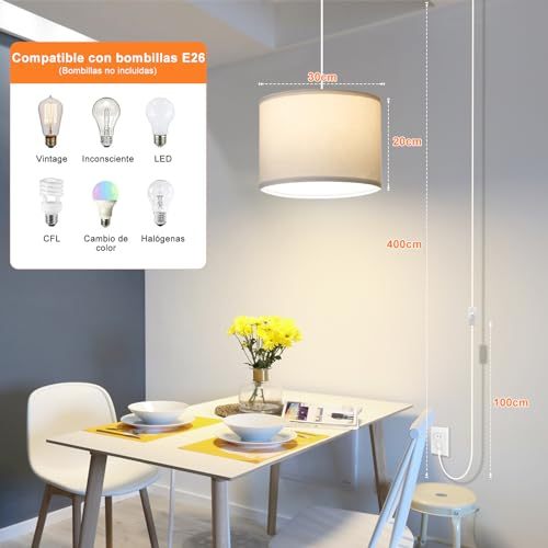 Modern Pendant Lamp, Plug-in Pendant Lamp with 4.5M Cable, On/Off Switch, Beige Linen Shade, Hanging Light for Bedroom, Kitchen, Living Room, Dining Table