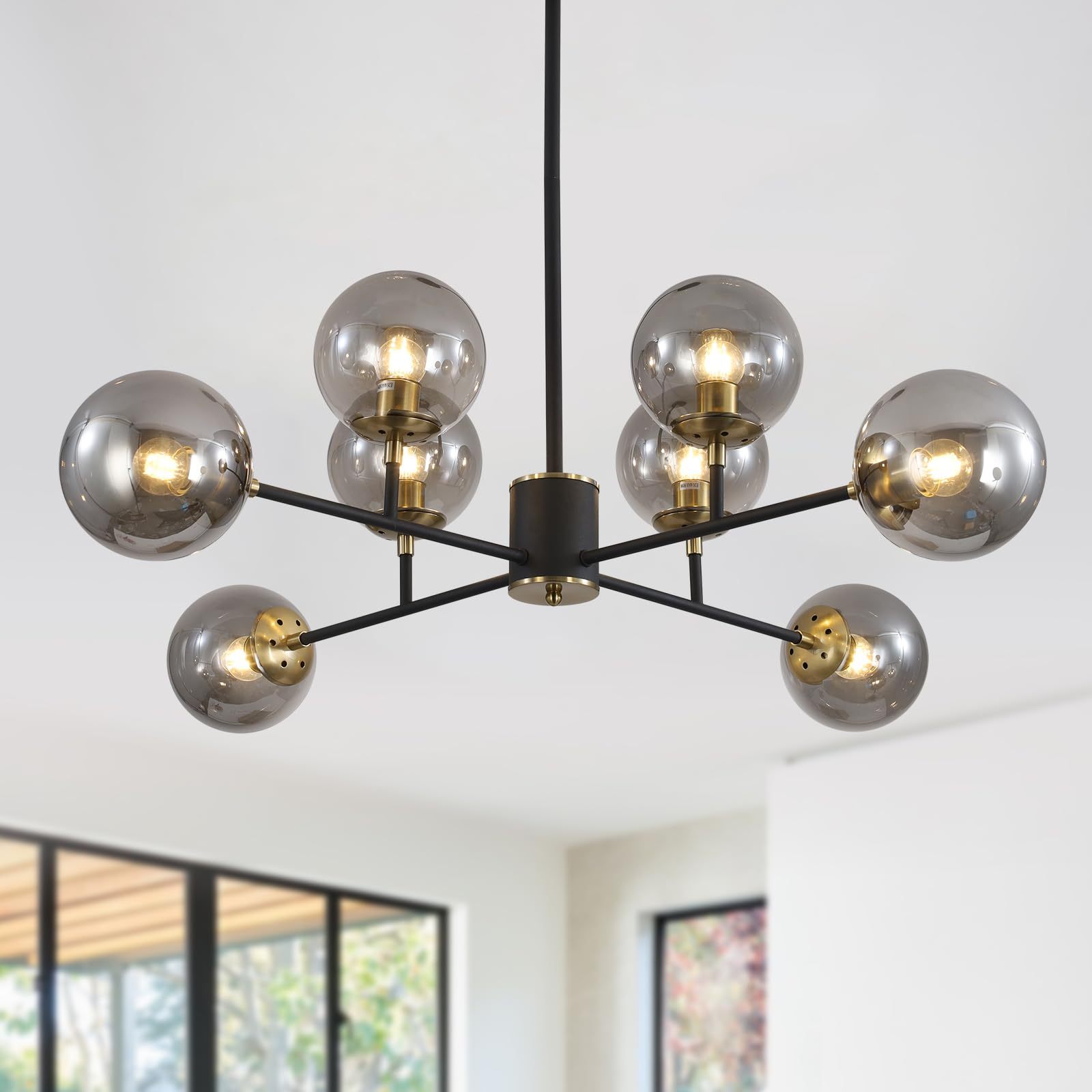 Dopwii Glass Sphere Ceiling Lamp, Modern Sputnik Chandelier with Adjustable Cable, Semi Flush Mount Pendant Light for Bedroom, Dining Room and Kitchen, E26/E27 Base (Black)