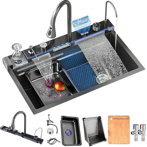 Kitchen Sink with Smart Digital Display, Double Waterfall and 13 Accessories, 75 * 46 * 22cm, 304 Stainless Steel Kitchen Sinks, Black Kitchen Sink, Upgraded Version.