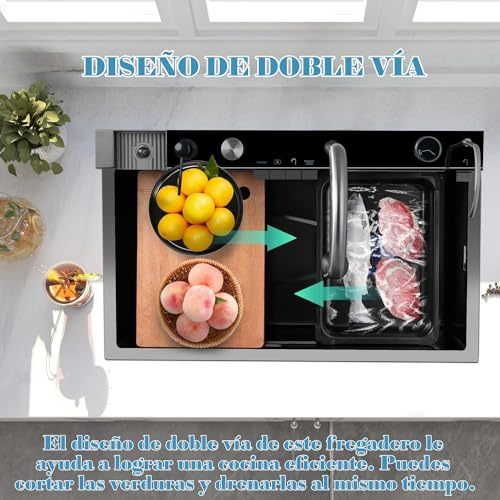 Kitchen Sink with Smart Digital Display, Double Waterfall and 13 Accessories, 75 * 46 * 22cm, 304 Stainless Steel Kitchen Sinks, Black Kitchen Sink, Upgraded Version.