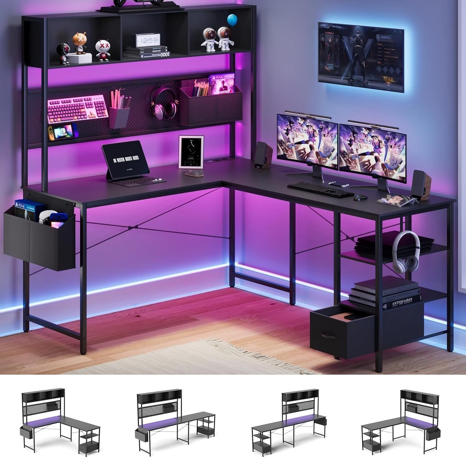 WELIKERA L-shaped Gamer Desk with 4 Assembly Options, RGB LED Lighting, Modular Storage, 3 AC Outlets and 2 USB Ports - Desk with Drawers for Office and Gaming
