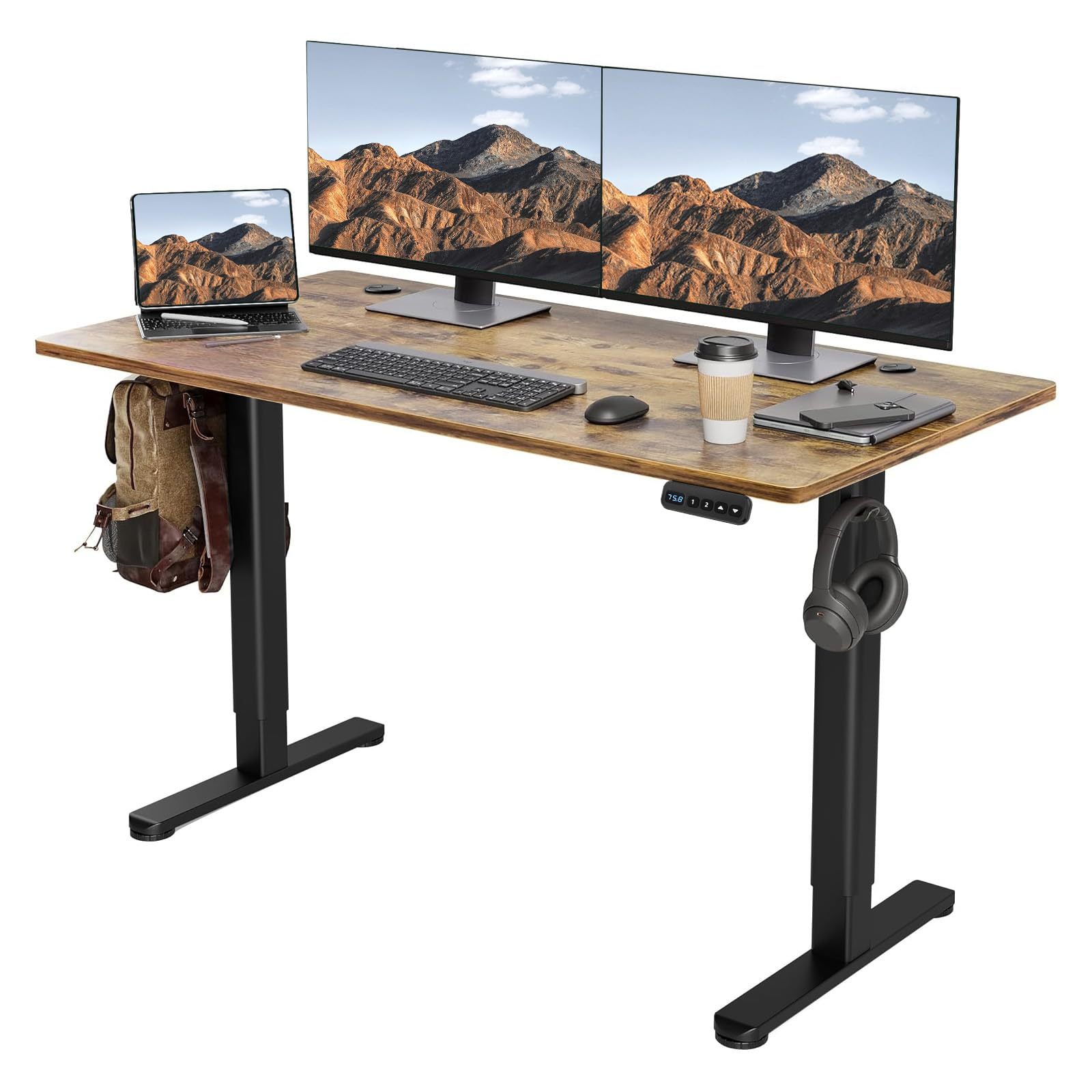 WELIKERA Large Adjustable Height Electric Lifting Desk 140 x 60 cm, Standing Gamer Desk for Home Office, with Memory and Metal T-Stand, Rustic Brown