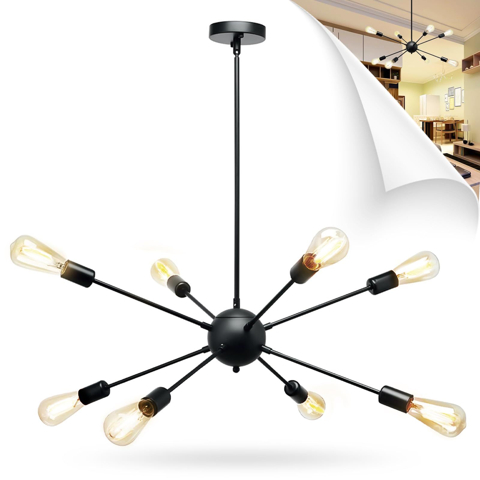 Dopwii Modern Ceiling Light, Sputnik Candeliers 8 Lights, Semi Flush Mount Pendant Lamp, Ceiling Light for Home Lamp, Dining Room, Bedroom and Kitchen (Black)