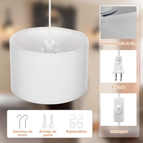 Modern Pendant Lamp, Plug-in Pendant Lamp with 4.5M Cable, On/Off Switch, Beige Linen Shade, Hanging Light for Bedroom, Kitchen, Living Room, Dining Table