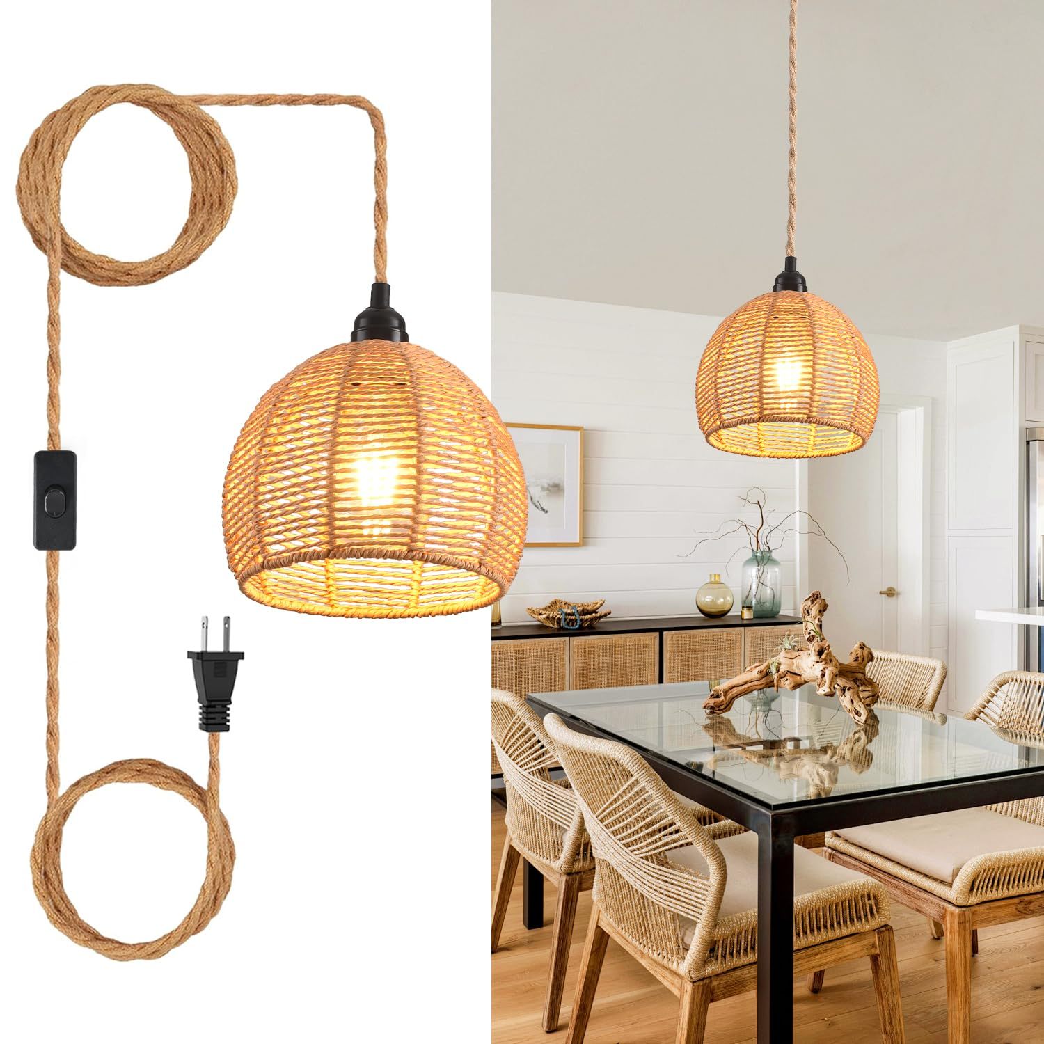 Modern Pendant Lamp, Plug-in Pendant Lamp with 4.5M Cable, On/Off Switch, Beige Linen Shade, Hanging Light for Bedroom, Kitchen, Living Room, Dining Table