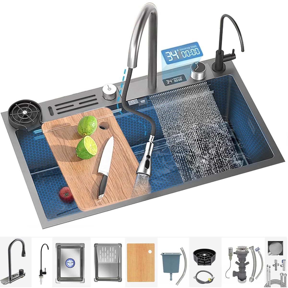 Kitchen Sink with Smart Digital Display, Double Waterfall and 10 Accessories, 75 * 46 * 22cm, 304 Stainless Steel Kitchen Sinks, Black Kitchen Sink