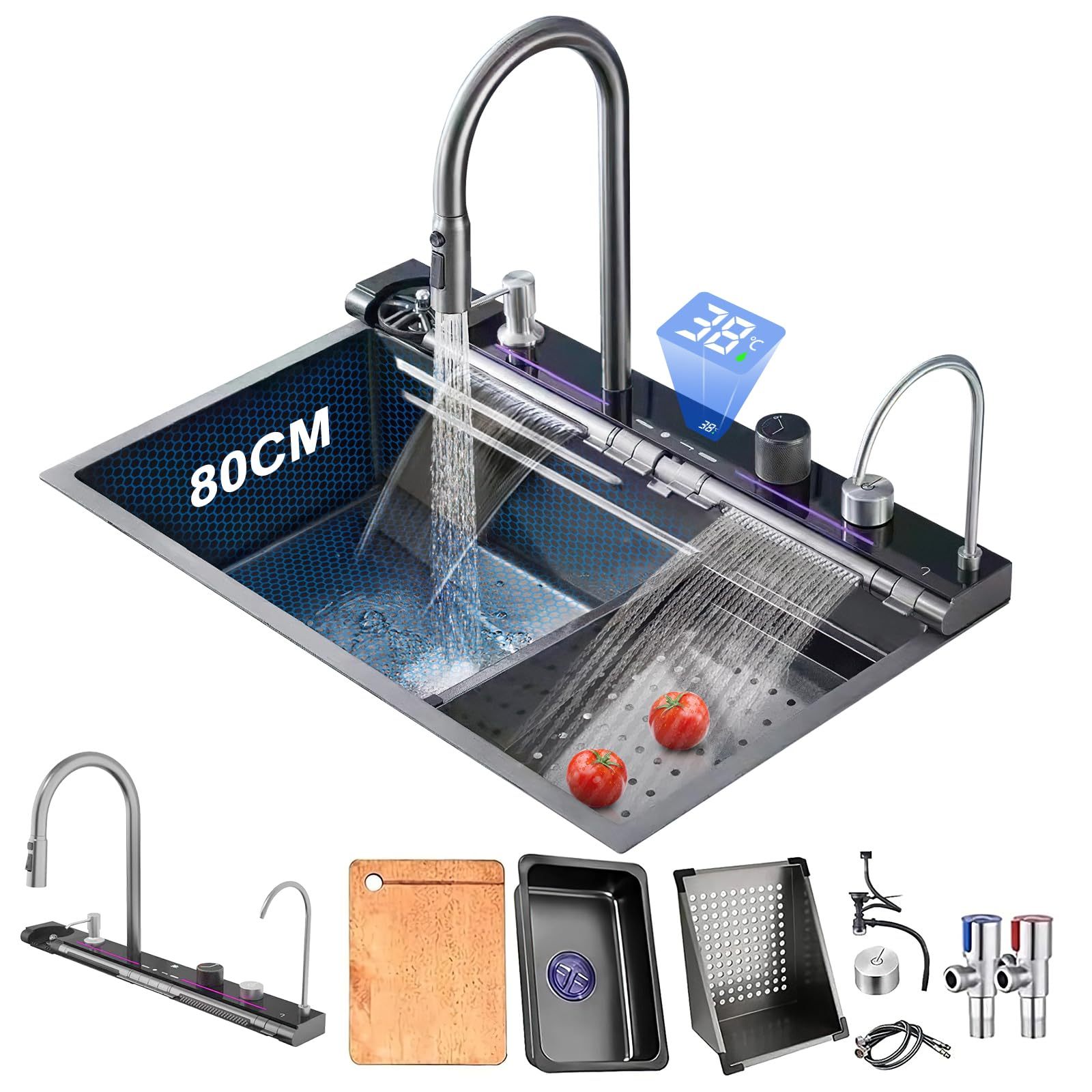 Kitchen Sink with Smart Digital Display, Double Waterfall and 10 Accessories, 75 * 46 * 22cm, 304 Stainless Steel Kitchen Sinks, Black Kitchen Sink