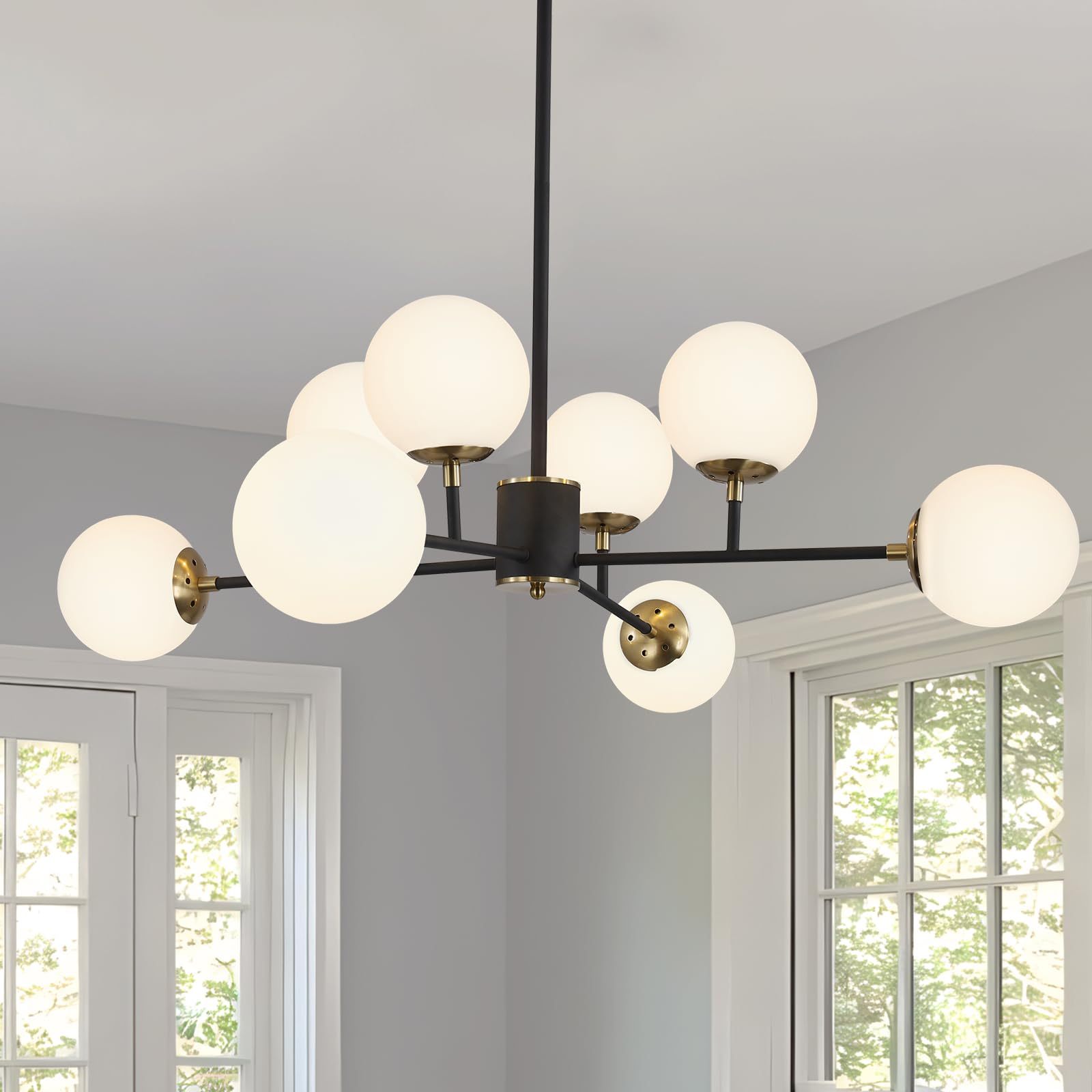Dopwii Glass Sphere Ceiling Lamp, Modern Sputnik Chandelier with Adjustable Cable, Semi Flush Mount Pendant Light for Bedroom, Dining Room and Kitchen, E26/E27 Base (Black)