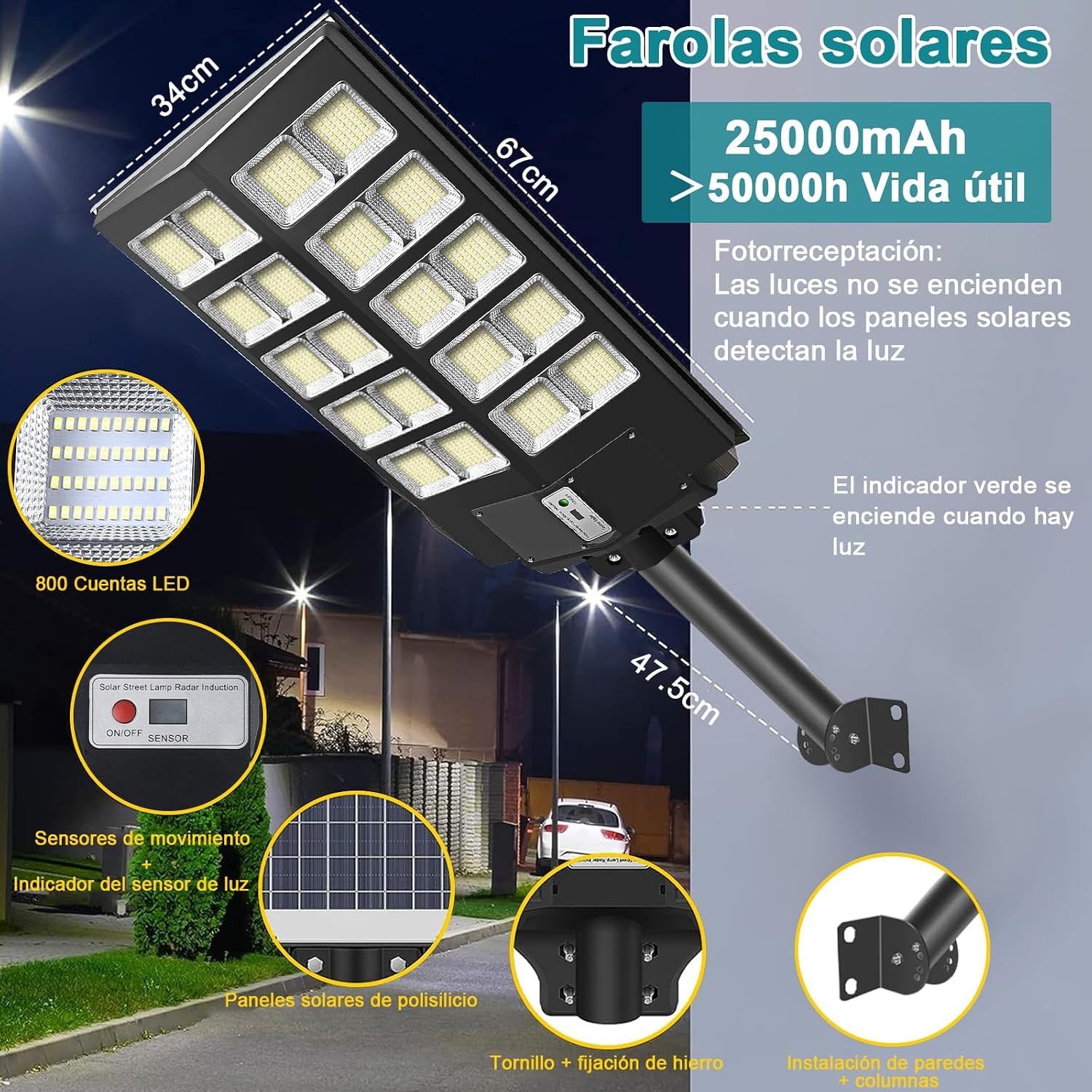 Dopwii 1800W Outdoor Solar Lamps, 800 LED Outdoor Solar Spotlight, Outdoor Solar Lamp Motion Sensor with Control, 3 Solar Light Modes, Outdoor Solar Street Light for Garage Path