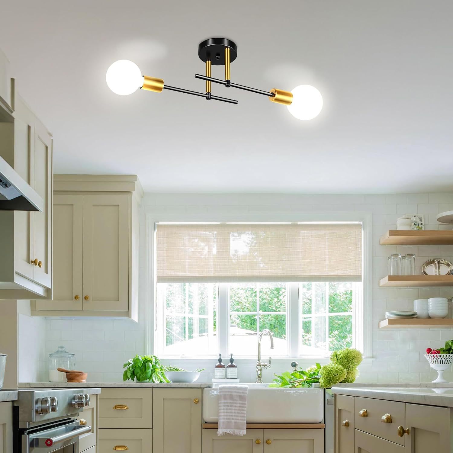 Dopwii Modern Ceiling Light, Sputnik Candeliers 2 Lights, Semi Flush Mount Pendant Light, Ceiling Light for Home Lamp, Dining Room, Bedroom and Kitchen (Black Gold)