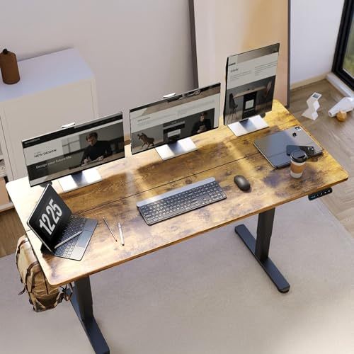 WELIKERA Large Adjustable Height Electric Lifting Desk 140 x 60 cm, Standing Gamer Desk for Home Office, with Memory and Metal T-Stand, Rustic Brown