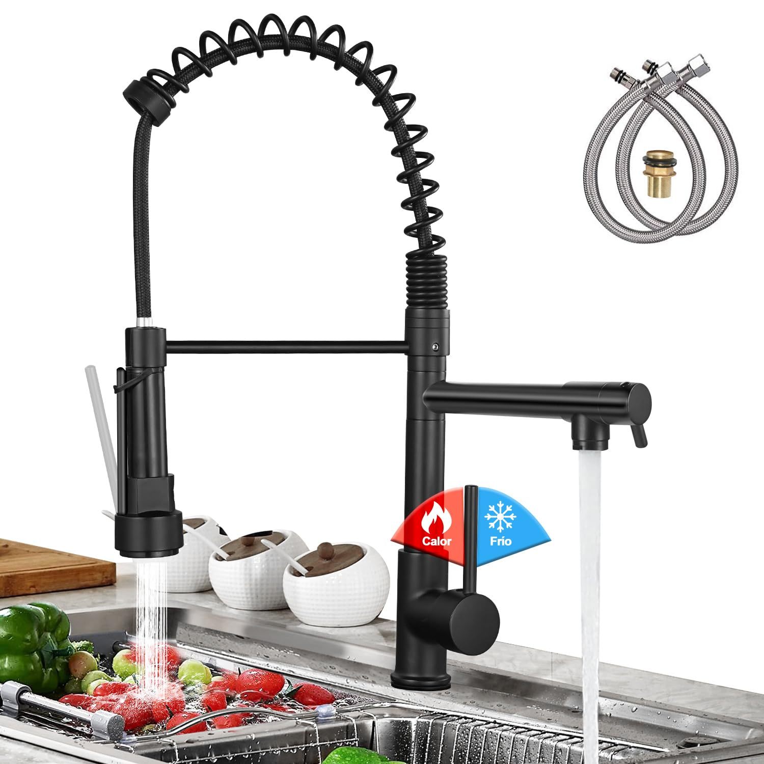 Sink Faucet with 2 Outlets Stainless Steel Kitchen Mixer, Pull Ring Frees Your Hands, Pull Down Single Handle Taps Sink Faucets Includes 2 Hot and Cold Hoses