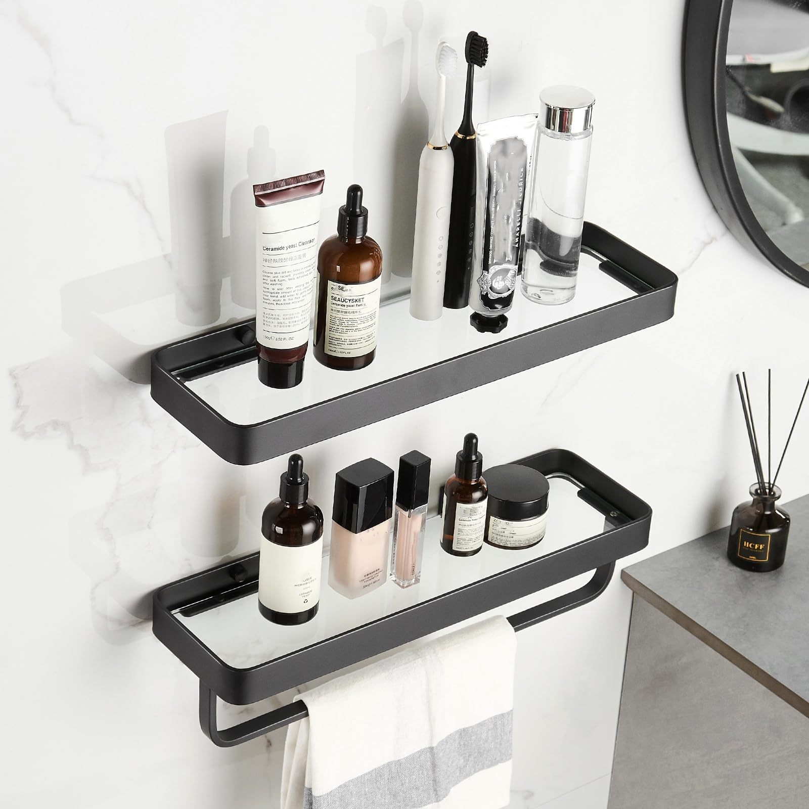 10 Pieces No Drill Bathroom Shelf, Adhesive Bathroom Organizer, Organizer Shelf, Bathroom Shelves with Hooks, Anti-Rust Stainless Steel, Indoor Shower Kitchen Storage
