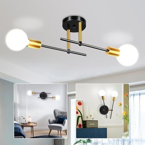 Dopwii Modern Ceiling Light, Sputnik Candeliers 2 Lights, Semi Flush Mount Pendant Light, Ceiling Light for Home Lamp, Dining Room, Bedroom and Kitchen (Black Gold)