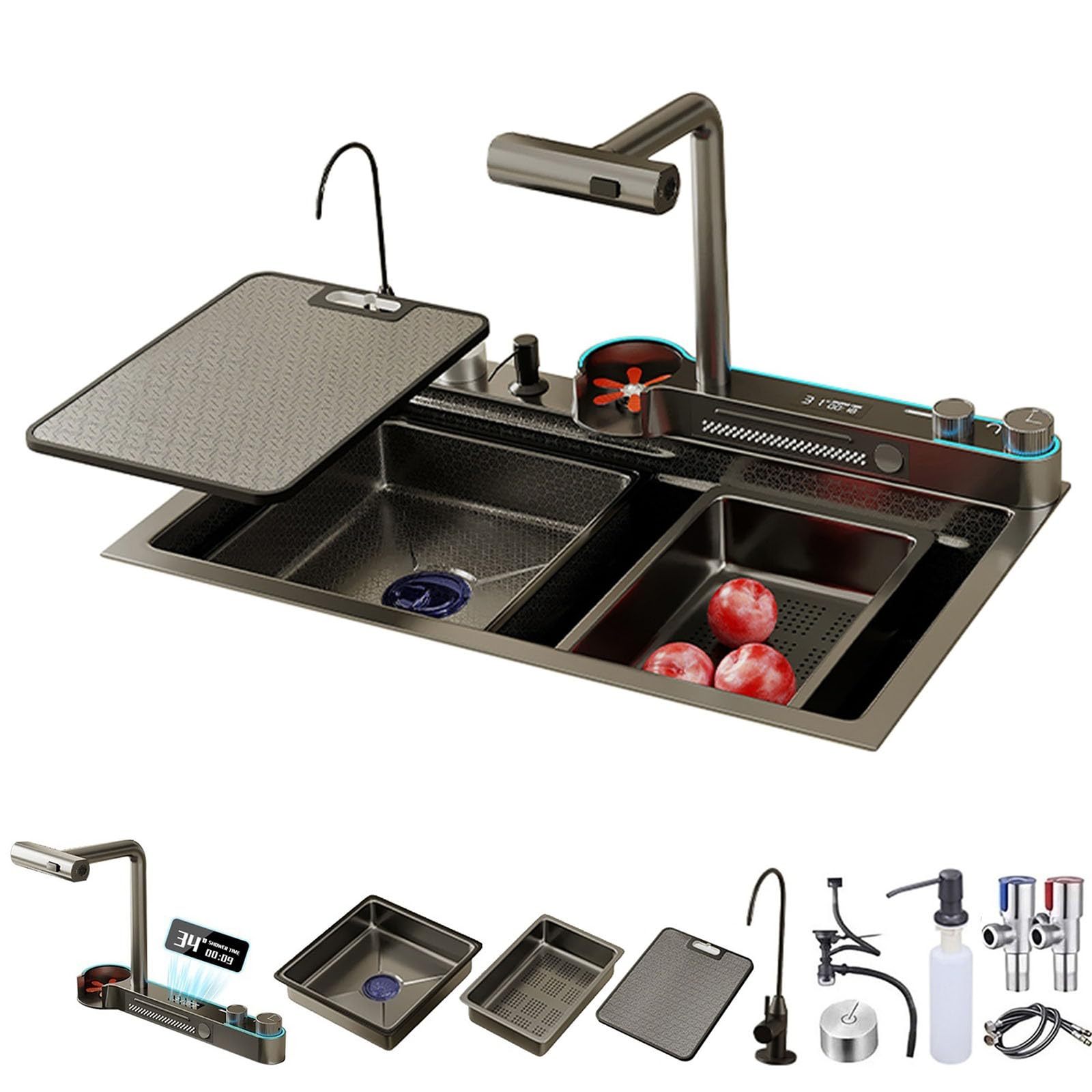 Kitchen Sink with Smart Digital Display, Double Waterfall and 13 Accessories, 80 * 46 * 22cm, 304 Stainless Steel Kitchen Sinks, Black Kitchen Sink, Upgraded Version.