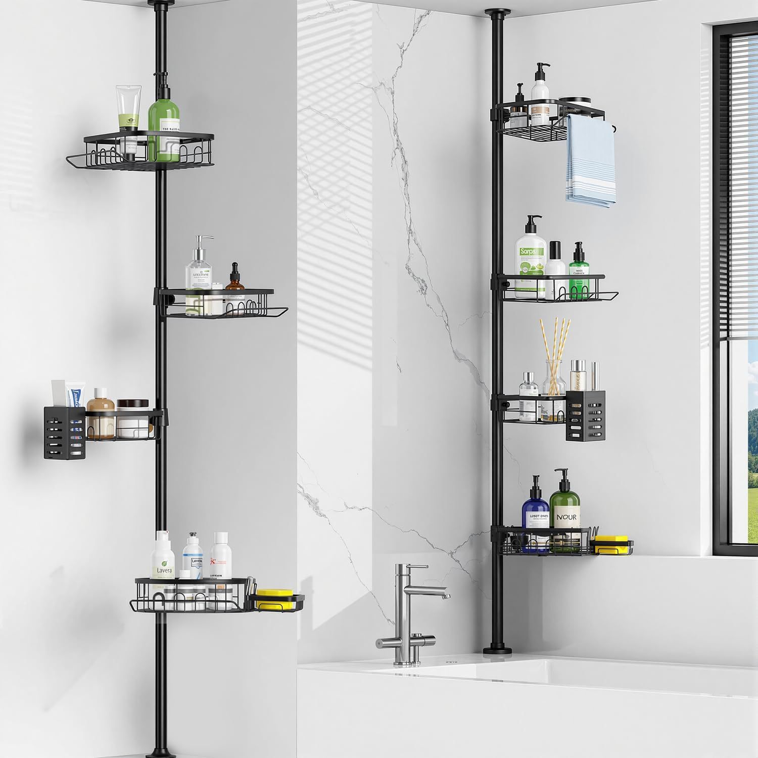 10 Pieces No Drill Bathroom Shelf, Adhesive Bathroom Organizer, Organizer Shelf, Bathroom Shelves with Hooks, Anti-Rust Stainless Steel, Indoor Shower Kitchen Storage