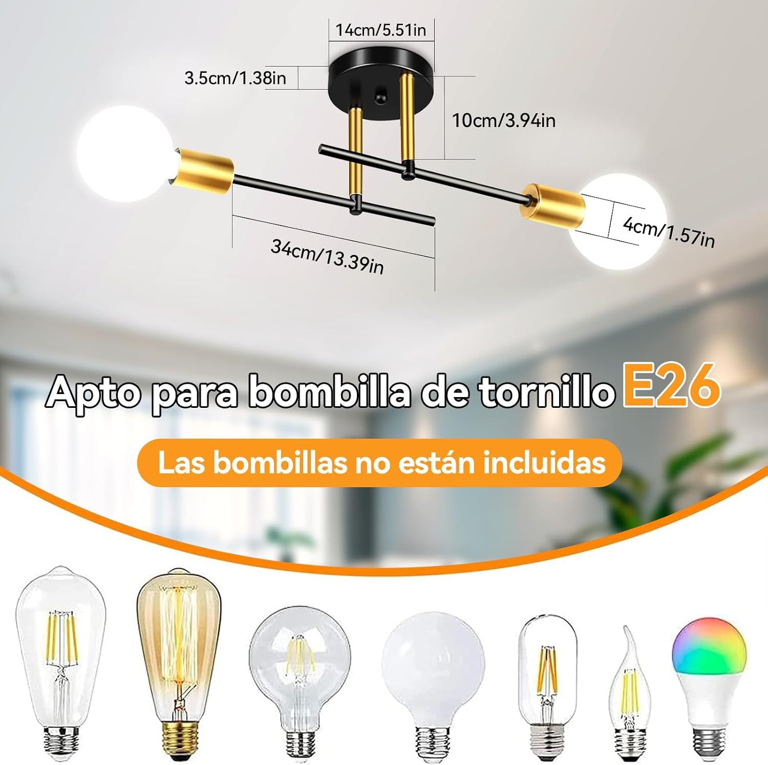 Dopwii Modern Ceiling Light, Sputnik Candeliers 2 Lights, Semi Flush Mount Pendant Light, Ceiling Light for Home Lamp, Dining Room, Bedroom and Kitchen (Black Gold)